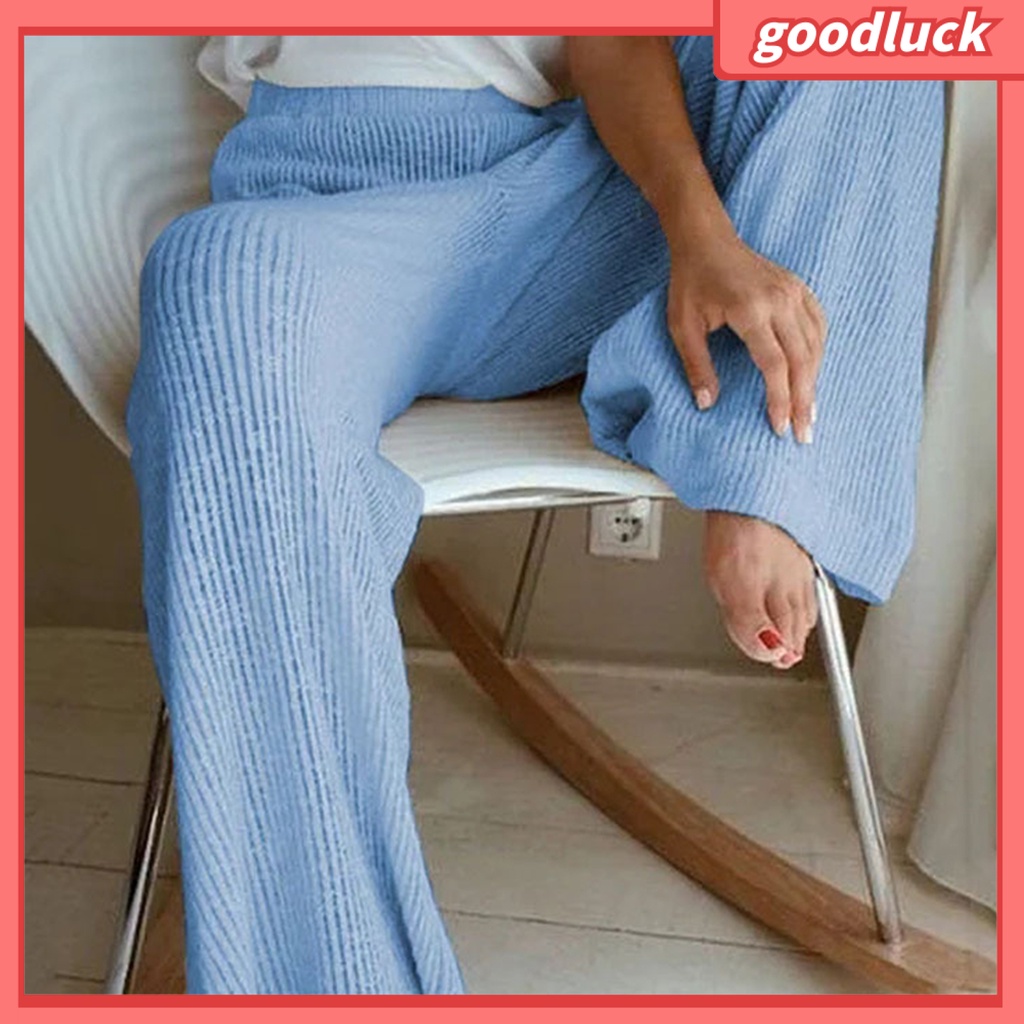 Quần Dài Dệt Kim Ống Rộng Lưng Cao Màu Trơn Thời Trang Mùa Thu Cho Nữ