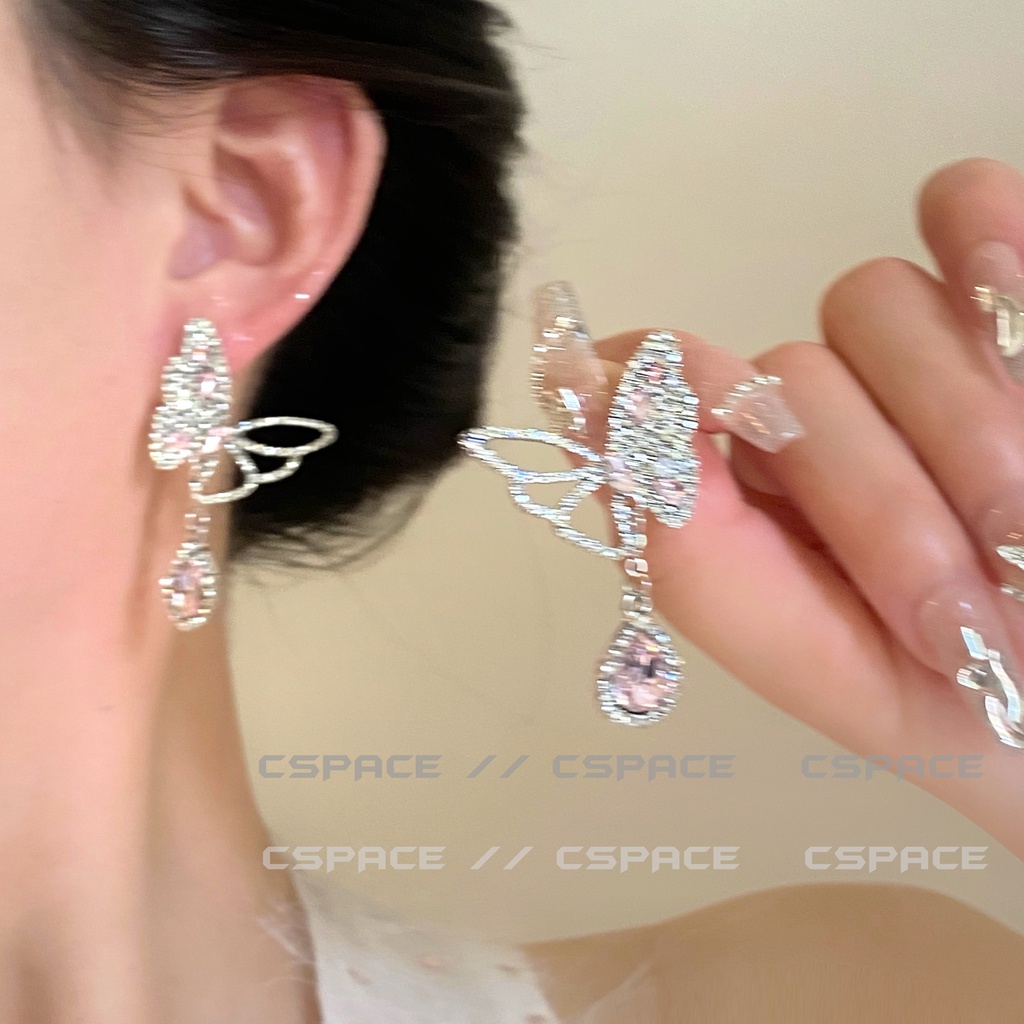 Khuyên Tai Hình Bướm Hồng Đính Đá Phong Cách Hàn Quốc Sang Trọng
