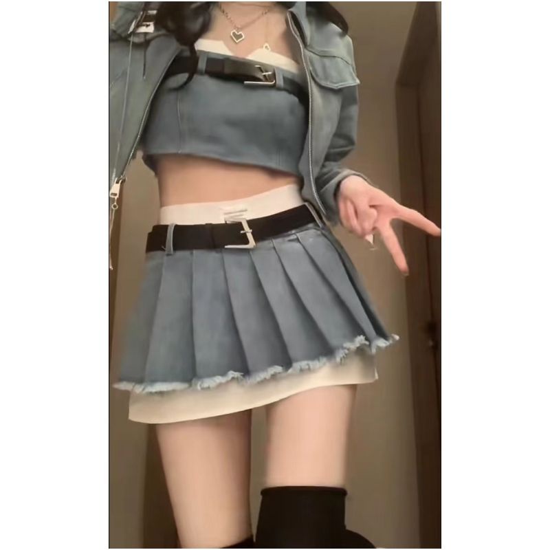 YAMI🍓 |Bộ Áo Khoác Denim + Chân Váy Chữ A Lưng Cao Xếp Ly Thời Trang Retro Mỹ Cho Nữ