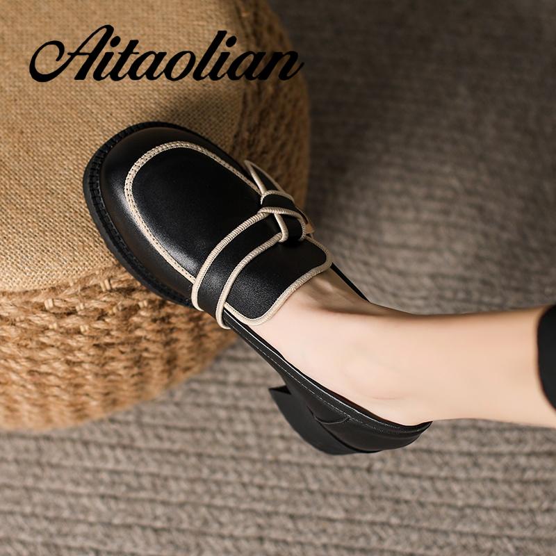 Giày Cao Gót 4.5cm Da Mềm Mũi Tròn Phong Cách Retro Anh Quốc