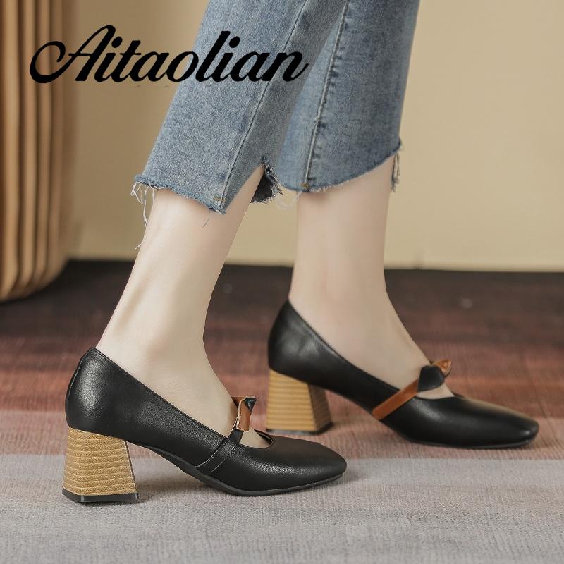 Giày Cao Gót 5cm Da Mềm Mũi Vuông Phong Cách retro Anh Quốc Cho Nữ