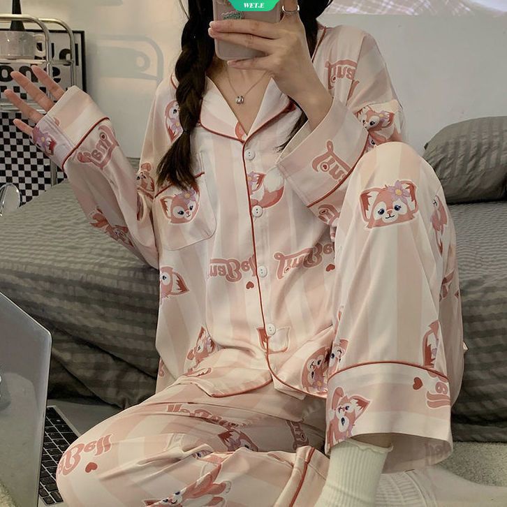 Bộ Đồ Ngủ Tay Dài Dáng Rộng In Họa Tiết Hoạt Hình Kiểu Hàn Quốc Thời Trang Xuân Thu Cho Nữ