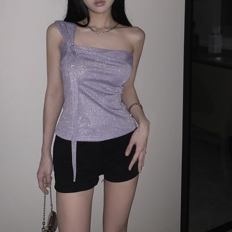 Kliou Áo Hai Dây Một Dây Ôm Dáng Màu Trơn Đính Kim Sa Lấp Lánh Thời Trang Mới 2023