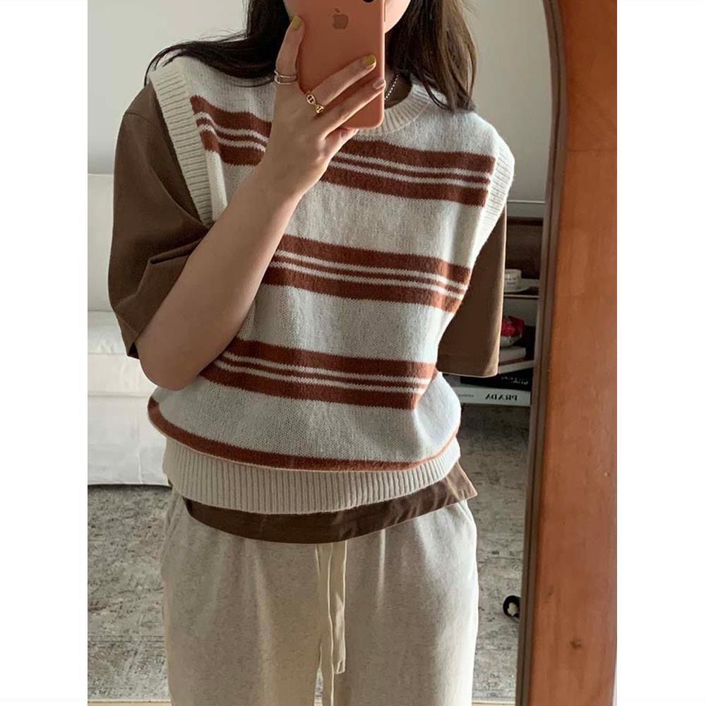 Áo Dệt Kim Sát Nách Cổ Tròn Dáng Rộng Họa Tiết Kẻ Sọc Thời Trang Mùa Thu Mới Cho Nữ