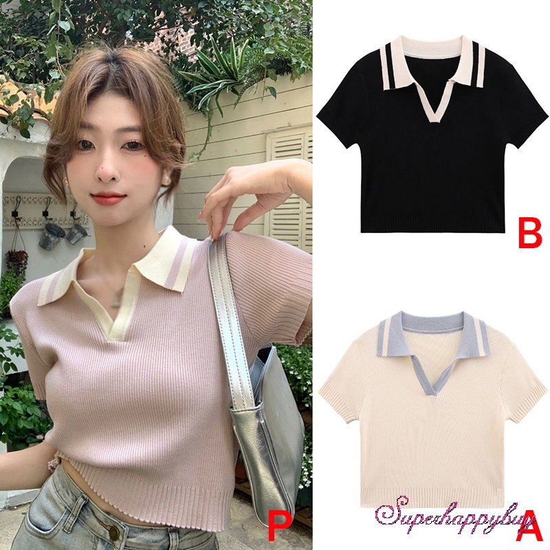 Áo Croptop Dệt Kim Tay Ngắn Cổ Bẻ Màu Sắc Tương Phản Thời Trang Cho Nữ