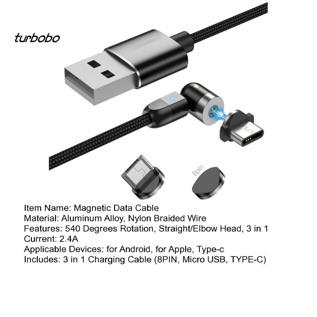 1 Bộ Dây Cáp Sạc USB Type-C 8-pin / Đầu Nam Châm Xoay Được Thiết Kế 3 Trong 1 Dùng Trong Văn Phòng