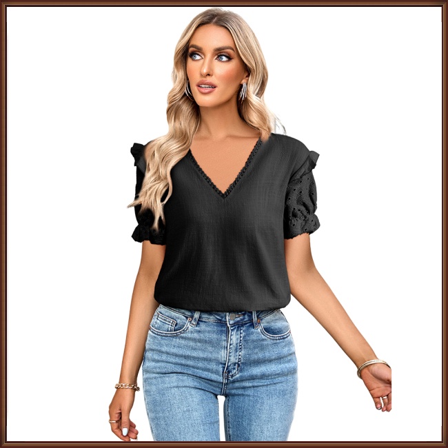 Áo Kiểu Tay Phồng Ngắn Cổ Chữ V Màu Sắc Đơn Giản Thời Trang Đi Biển Cho Nữ