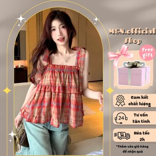 Áo croptop sọc caro đỏ xinh xắn dễ thương đi biển, áo croptop 2s phối màu đi biển mùa hè