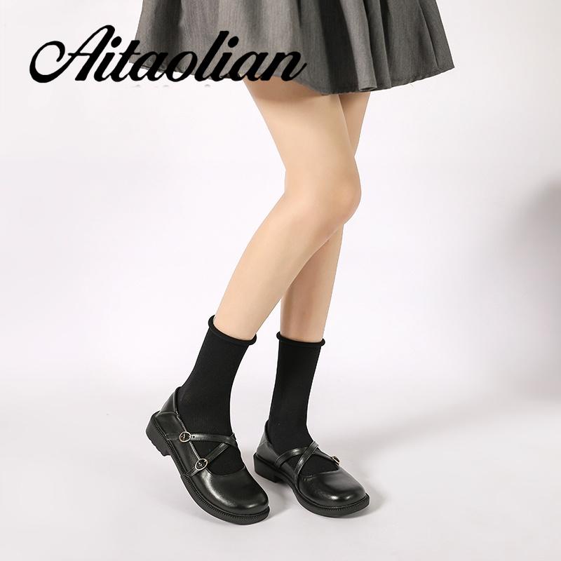 Giày Da Mũi Tròn 3cm Phong Cách lolita Đơn Giản Cho Nữ