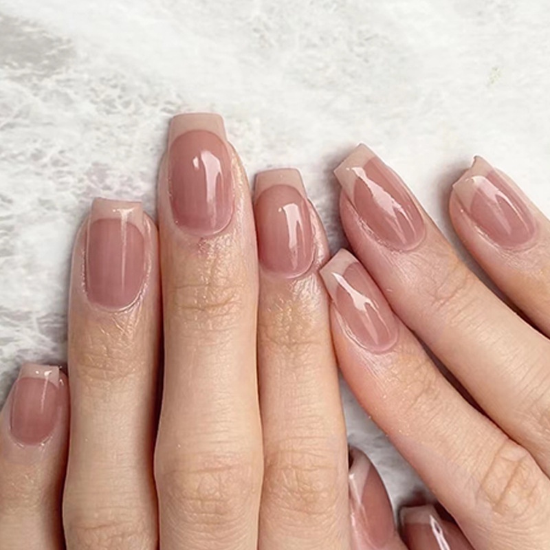 Bộ 24 Móng Tay Giả Hình Vuông Ngắn Che Phủ Toàn Diện Màu Nude Đơn Giản Cho Nữ