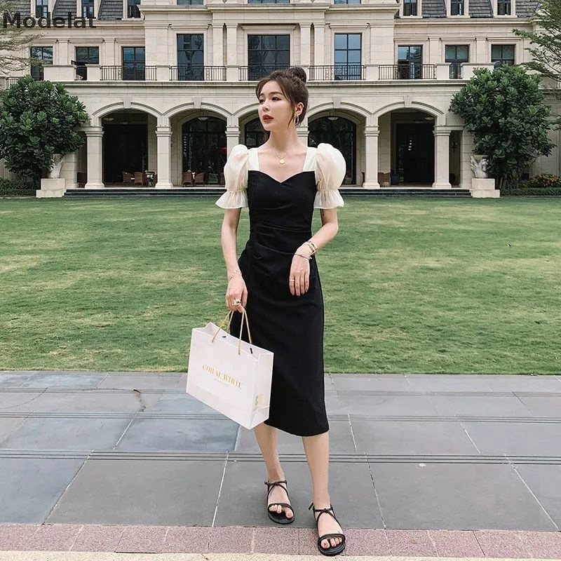 Đầm Đen Tay Ngắn Phong Cách Vintage Pháp Cho Nữ