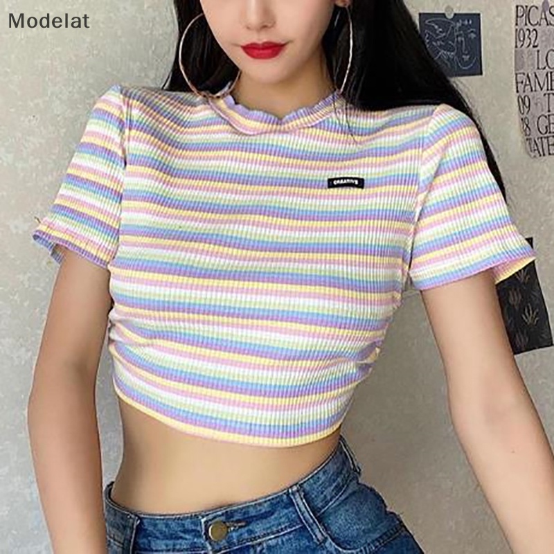 Áo Thun Crop Top Tay Ngắn Cổ Tròn Họa Tiết Kẻ Sọc Hở Lưng Thời Trang Mùa Hè Quyến Rũ Cho Nữ