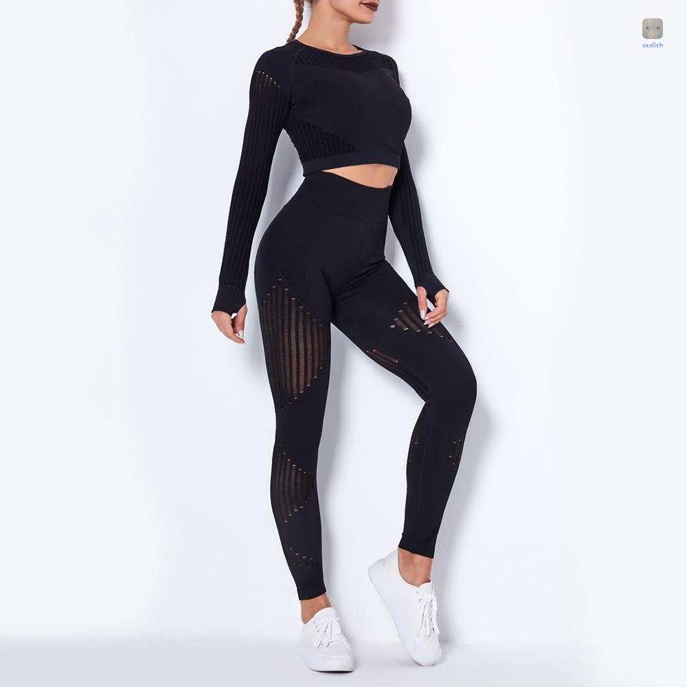 Set Đồ Tập Thể Thao Gồm Áo Croptop Dài Tay Và Quần Legging Lưng Cao Họa Tiết Sọc Thời Trang Cho Nữ