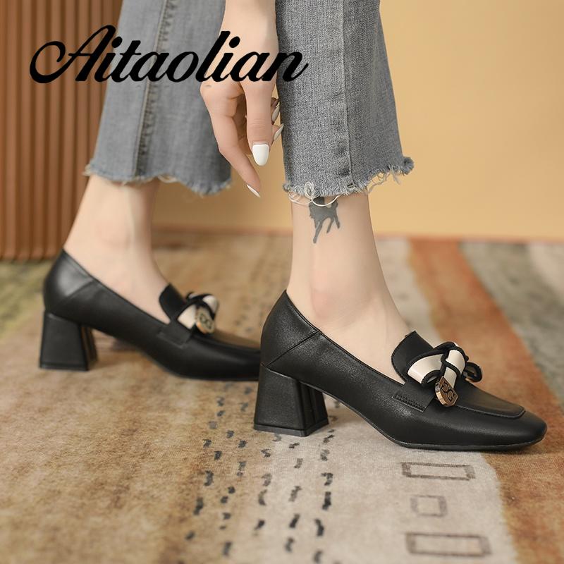 Giày Cao Gót 5.5cm Da Mềm Mũi Vuông Phong Cách retro Cho Nữ