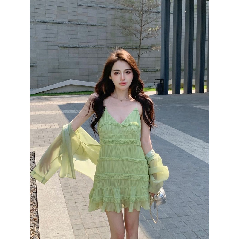Set Áo Cardigan + Đầm Hai Dây Dáng Chữ a Xếp Ly Phong Cách Retro Thời Trang Cao Cấp Cho Nữ