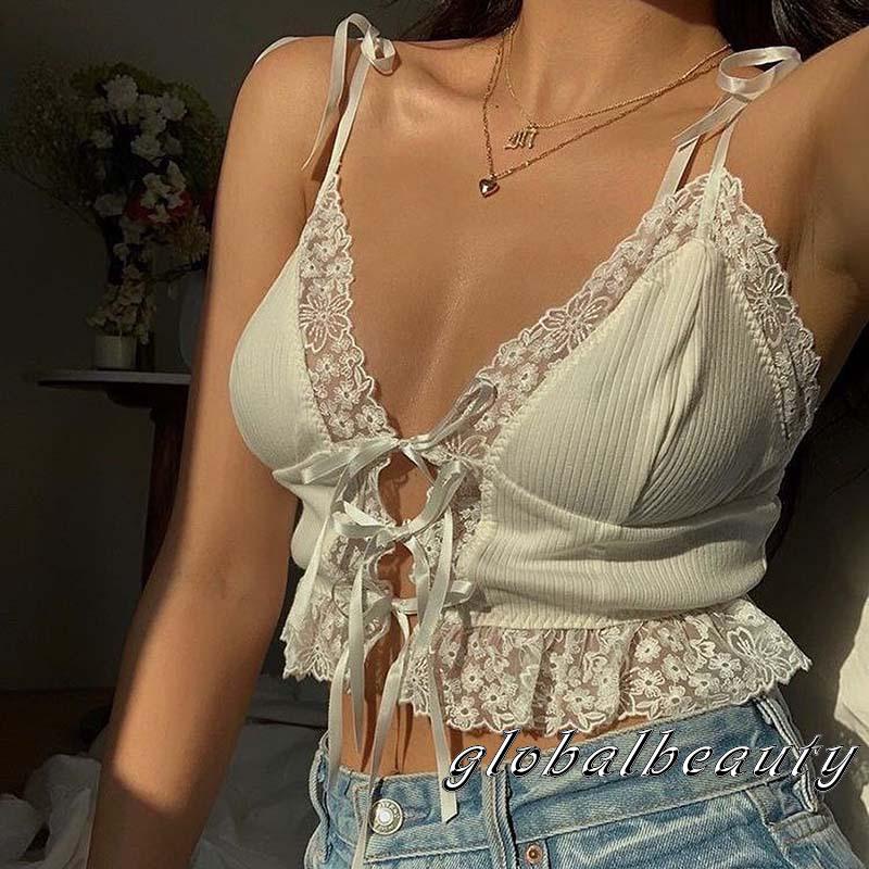 Áo Hai Dây Cổ Chữ V Màu Trơn Phối Ren Gợi Cảm Thời Trang Cho Nữ