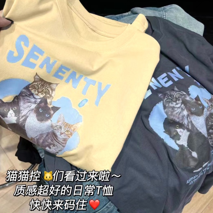 Áo Thun 100% Cotton Tay Ngắn Cổ Tròn In Họa Tiết Phong Cách Hàn Quốc Cho Nữ