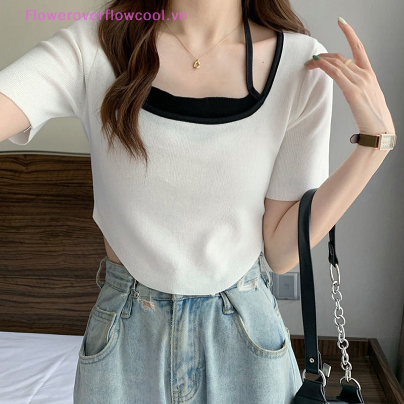 Áo Croptop Ngắn Tay Cổ Vuông Thiết Kế Lệch Tà Thời Trang Mùa Hè Cho Nữ