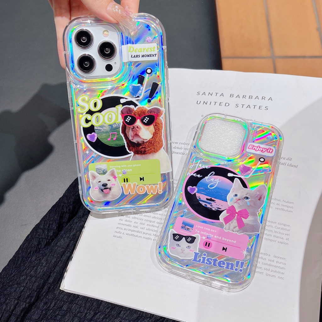 Ốp Điện Thoại TPU Dẻo Màu Laser Họa Tiết Chó Mèo Dễ Thương Chống Rơi Cho iPhone 12 13 14 Pro Max
