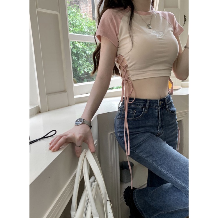 Áo baby tee Thun croptop Lửng Ngắn Tay Thắt Dây Eo Màu Sắc Tương Phản Dành Cho Nữ