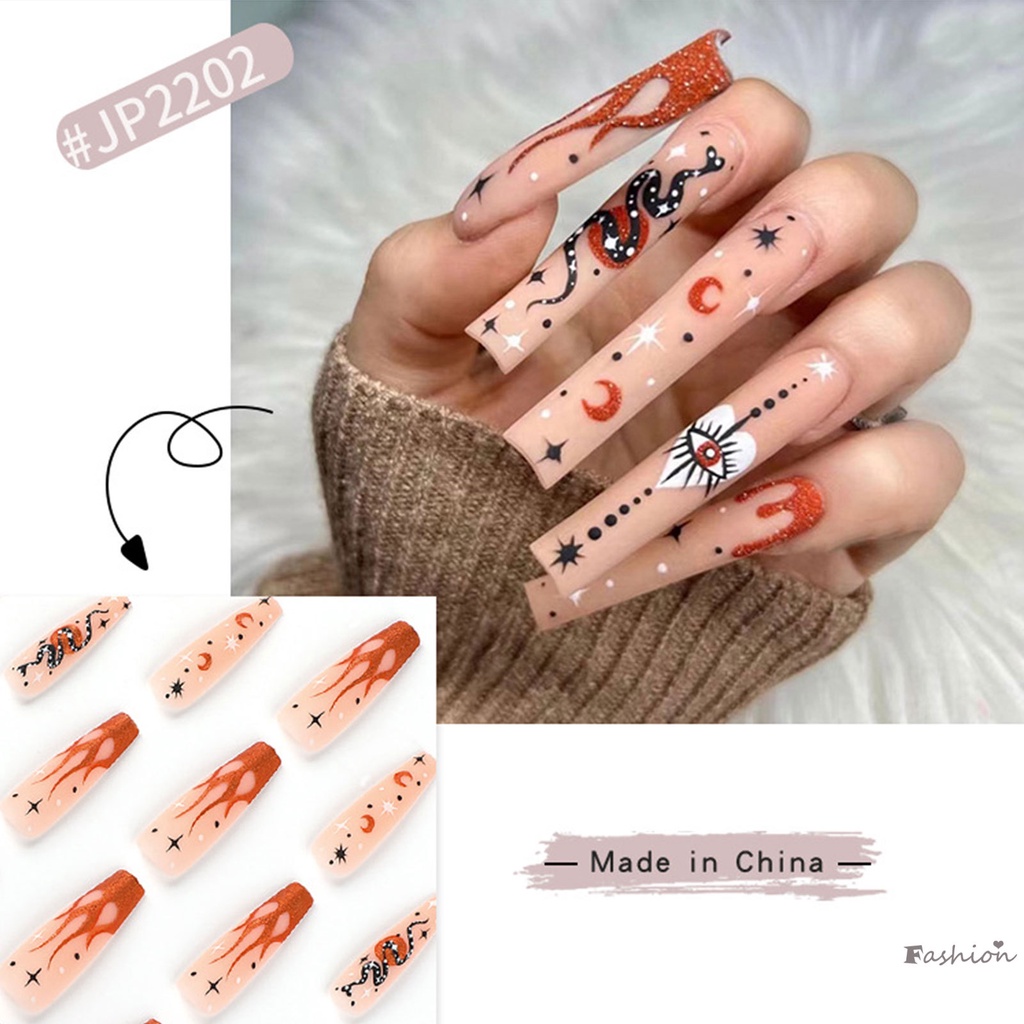 Bộ Móng Tay Giả Họa Tiết Trăng Sao Với Độ Dày Radian Và Họa Tiết Da Rắn