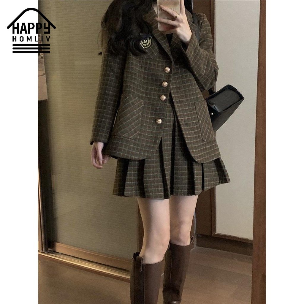 HAPPY HOMLIV Bộ Áo Khoác Vest + Chân Váy Xếp Ly Lưng Cao Phong Cách Preppy Cổ Điển Thời Trang Cho Nữ