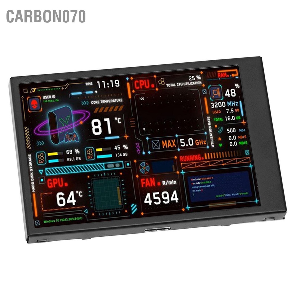 Carbon070 Màn hình nhiệt độ máy tính 3.5in Cổng USB kép hiển thị nhỏ IPS dữ liệu CPU với Trình chỉnh sửa chủ đề trực quan cho GPU RAM HDD