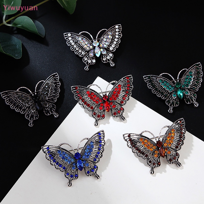 < Yiwuyuan > Ghim Cài Áo Khoác Hình Bướm Rỗng Đính Đá Pha Lê Vintage Cho Nữ Dự Tiệc Mới
