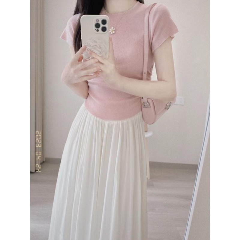 Set Áo Thun Ngắn Tay Và Chân Váy Màu Hồng Nhạt Thời Trang Mùa Hè Dành Cho Nữ
