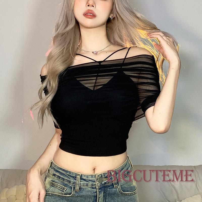 Set Áo Sát Nách Cổ Chữ V Màu Trơn + Áo Lưới Xuyên Thấu Thời Trang Nữ