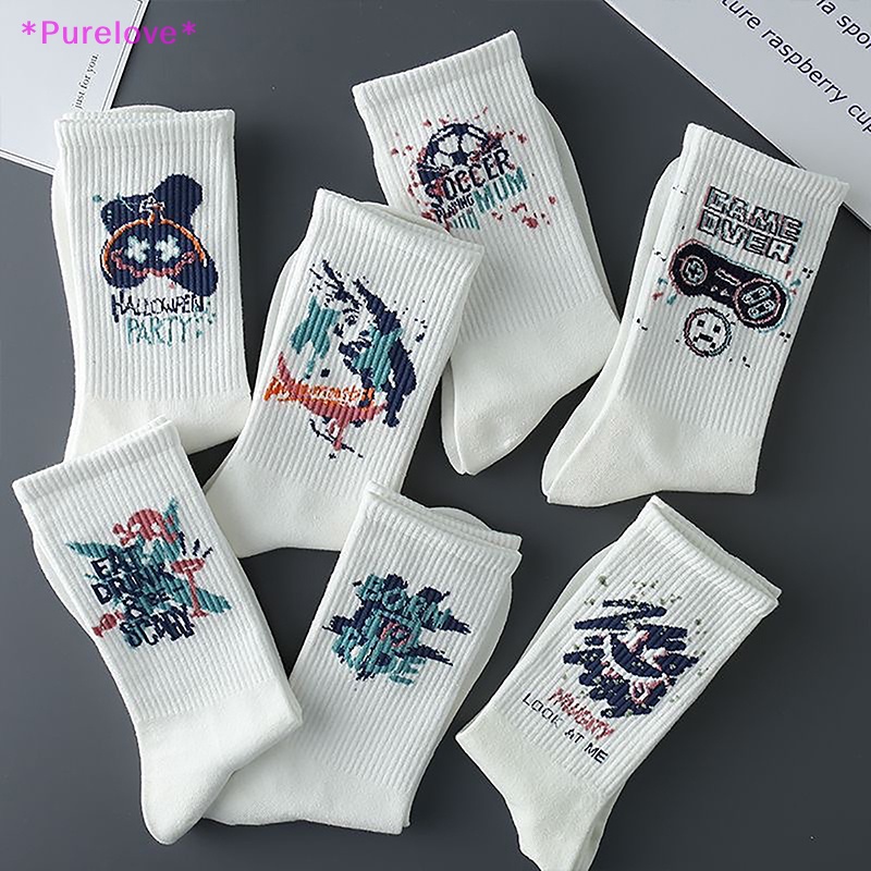 1 Đôi Vớ Cotton Polyester Màu Trắng In Họa Tiết Hoạt Hình Vui Nhộn Dành Cho Nam Và Nữ Mới