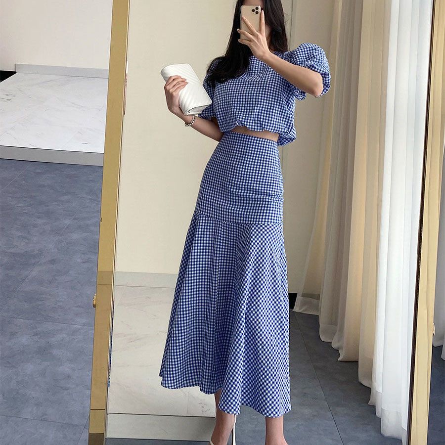 Bộ Áo Sơ Mi Tay Phồng Kẻ Sọc + Chân Váy Đuôi Cá Eo Cao Thời Trang Mùa Hè Hàn Quốc Cho Nữ