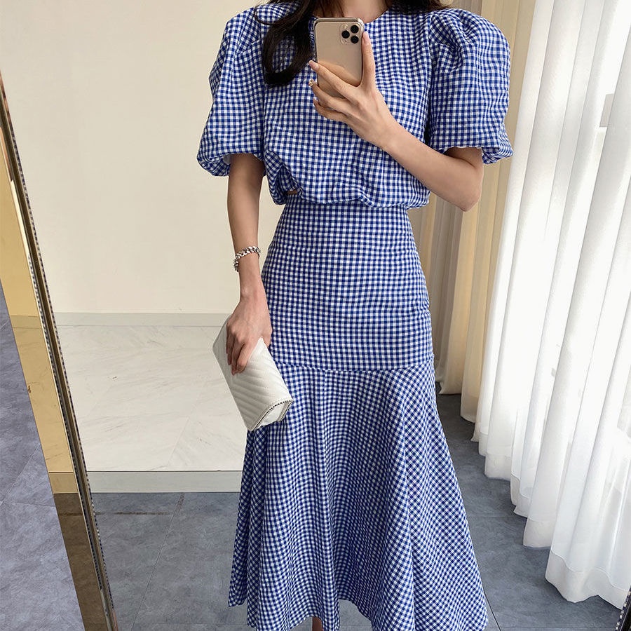 Bộ Áo Sơ Mi Tay Phồng Kẻ Sọc + Chân Váy Đuôi Cá Eo Cao Thời Trang Mùa Hè Hàn Quốc Cho Nữ