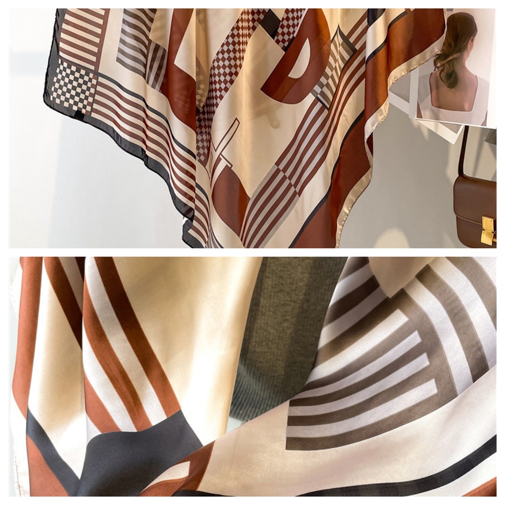 Khăn Quàng Cổ Lụa Satin 110cm Họa Tiết Kẻ Sọc Đơn Giản Dễ Phối Đồ Cho Nữ