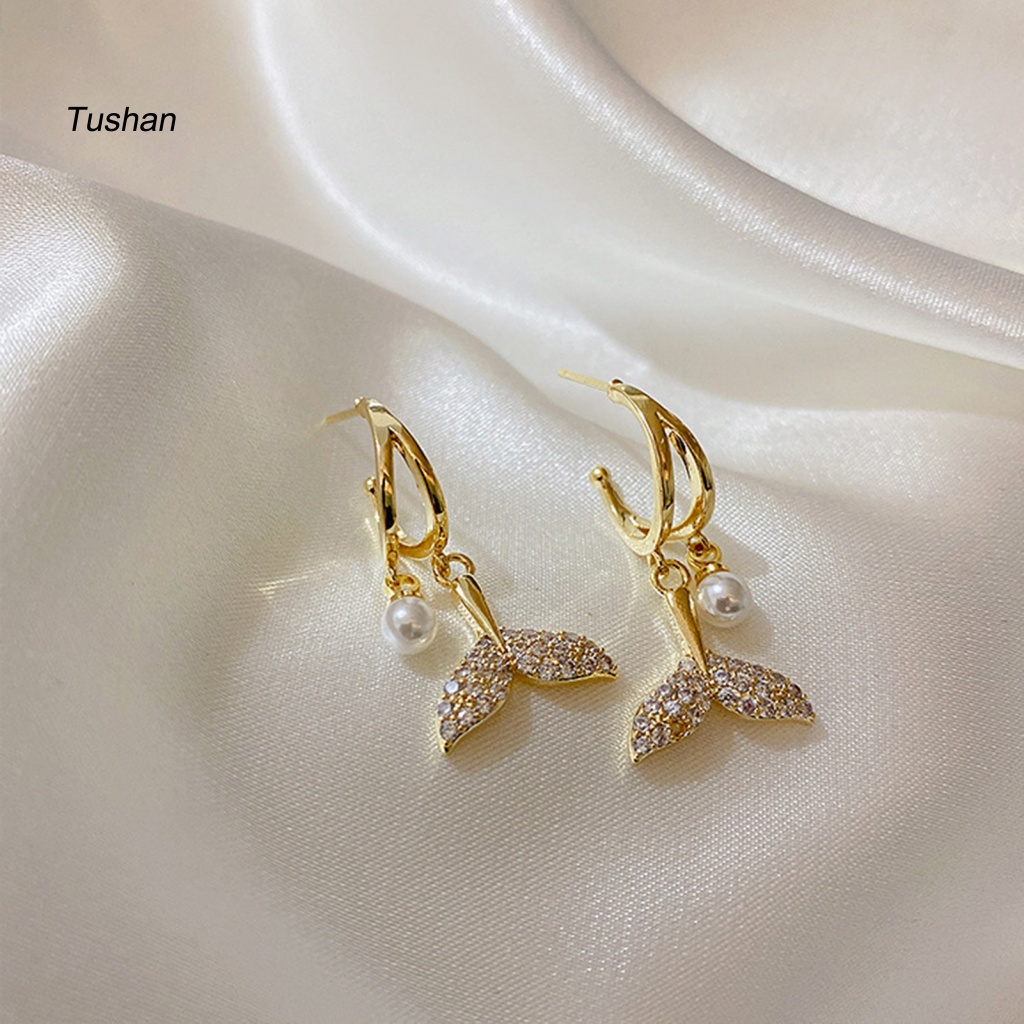 1 Đôi Bông Tai Hình Đuôi Cá Đính Ngọc Trai Giả Phong Cách Vintage