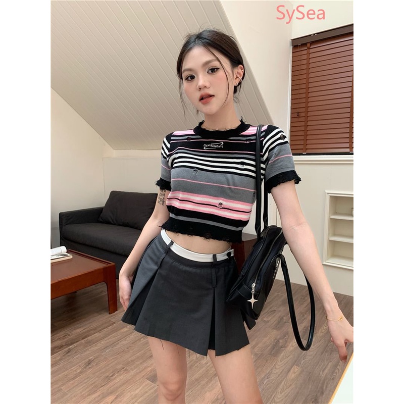 Áo Dệt Kim Kẻ Sọc Dáng Ôm Thêu Họa Tiết Kiểu Retro Thời Trang Mùa Hè Cho Nữ