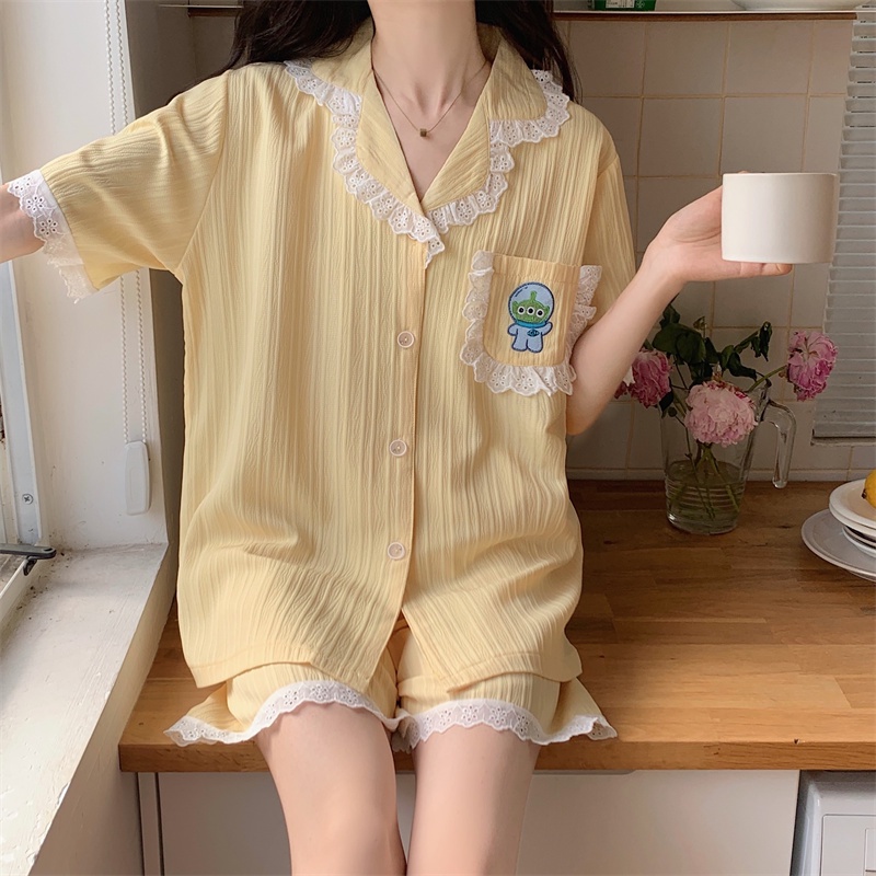 Bộ Đồ Ngủ Chất Liệu Cotton Phối Ren Thêu Họa Tiết Hoạt Hình Phong Cách Hàn Quốc Thời Trang Mùa Hè Cho Nữ