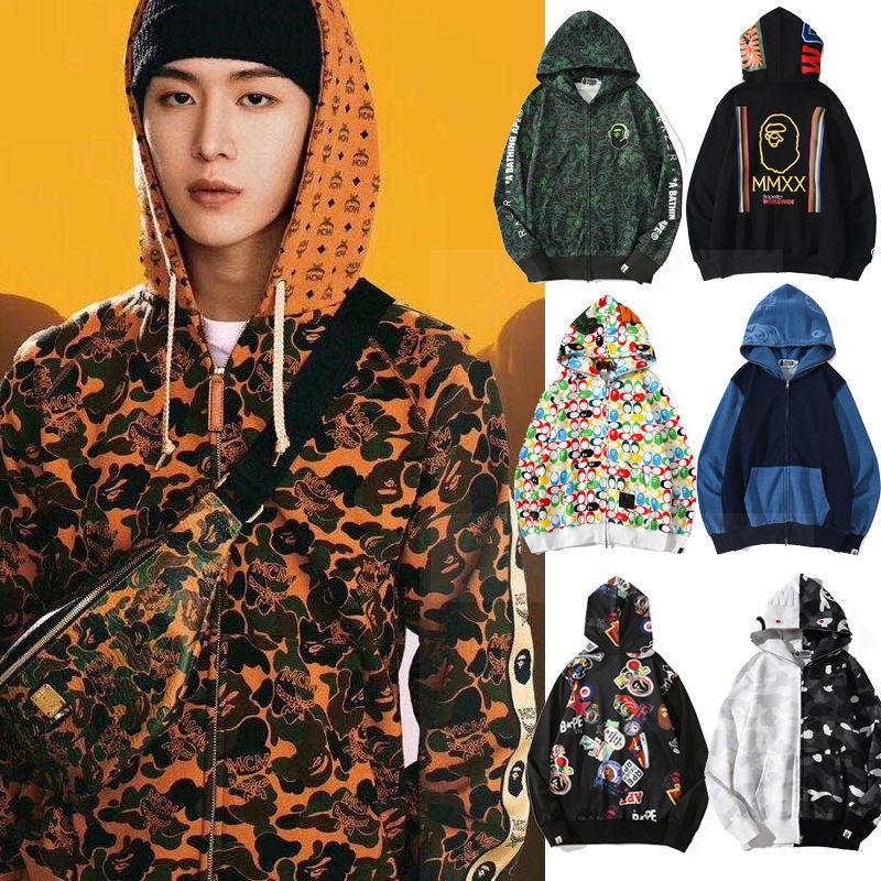 Áo Khoác Hoodie Dáng Rộng In Họa Tiết Đầu Cá Mập bape Rằn Ri Hai Đường Kẻ Thiết Yếu Cho Nam