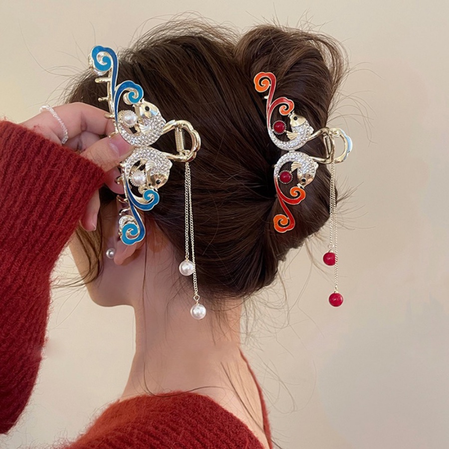 Giá Đỡ Kẹp Tóc Đuôi Ngựa Đính Đá &amp; Ngọc Trai Giả Bằng Kim Loại Kiểu Trung Hoa
