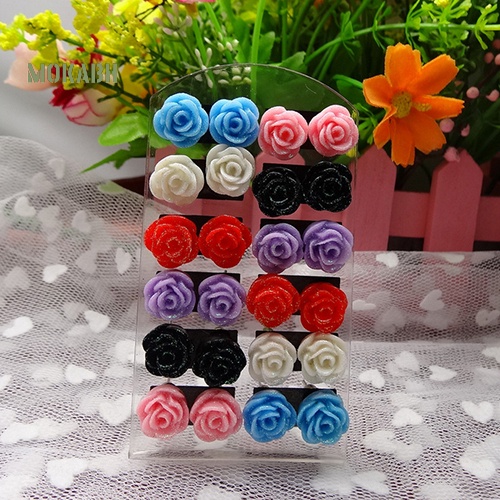 Set 12 Đôi Bông Tai Hoa Hồng Nhiều Màu Thời Trang