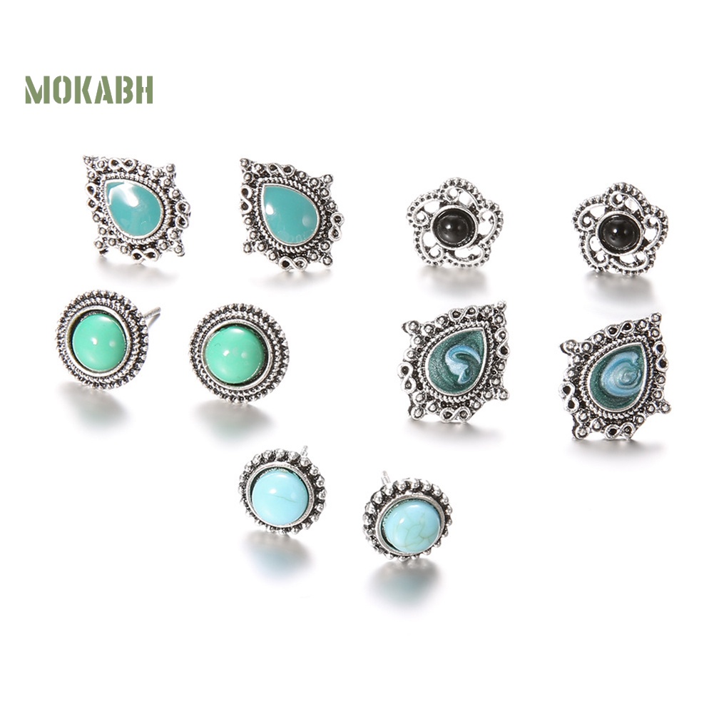 Set 5 Đôi Bông Tai Xỏ Lỗ Đính Đá Ngọc Lam Giả Phong Cách Bohemia Thời Trang