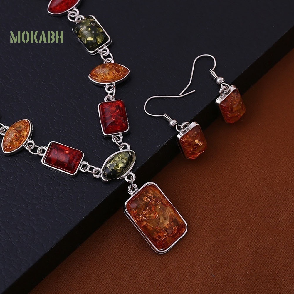 Bộ Vòng cổ + Bông Tai Đính Đá Hổ Phách Hình Vuông / Oval Phong Cách Châu Phi Thời Trang Cho Nữ