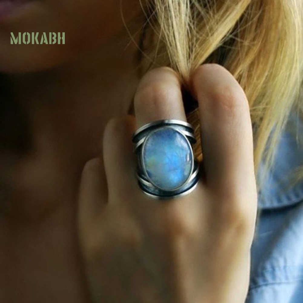 Nhẫn Đính Đá Mặt Trăng Lớn Nhiều Màu Thời Trang Cho Nữ