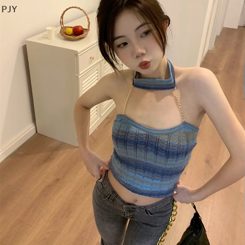 Áo Dệt Kim Không Tay Dáng Ôm Màu Gradient Gợi Cảm Cho Nữ PJ