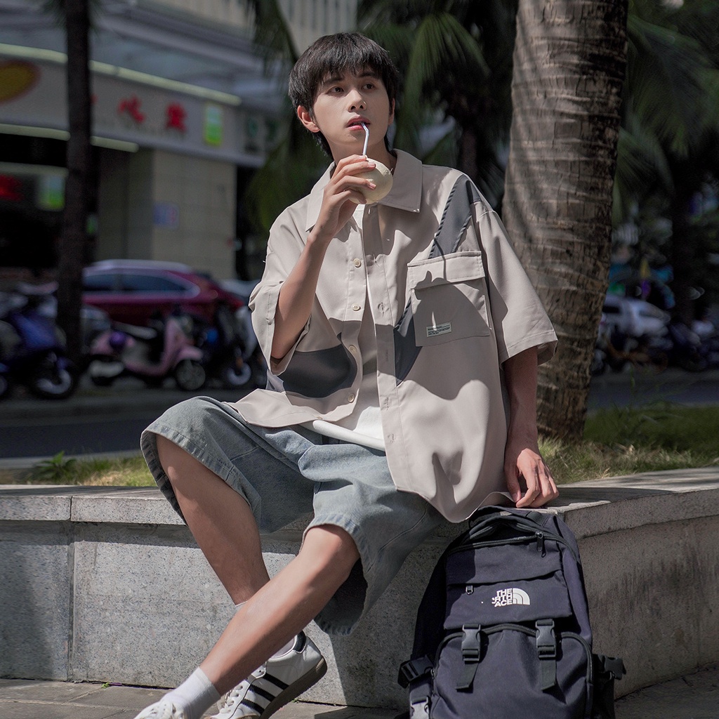 Áo Sơ Mi Tay Ngắn Màu Sắc Tương Phản Phong Cách Nhật Bản Thời Trang Mùa Hè Cho Nam