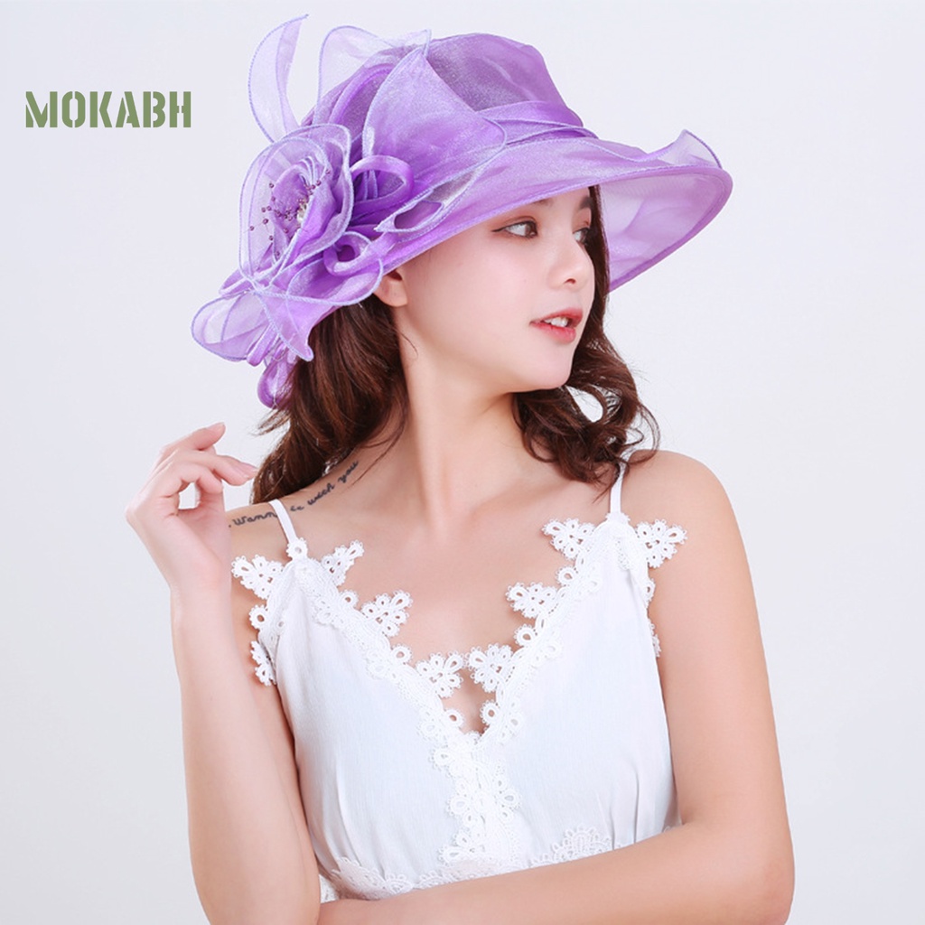 [Mok Abh] Mũ Rộng Vành Phối Lưới Họa Tiết Hoa Thời Trung Cổ Dùng Đi Biển Cho Nữ