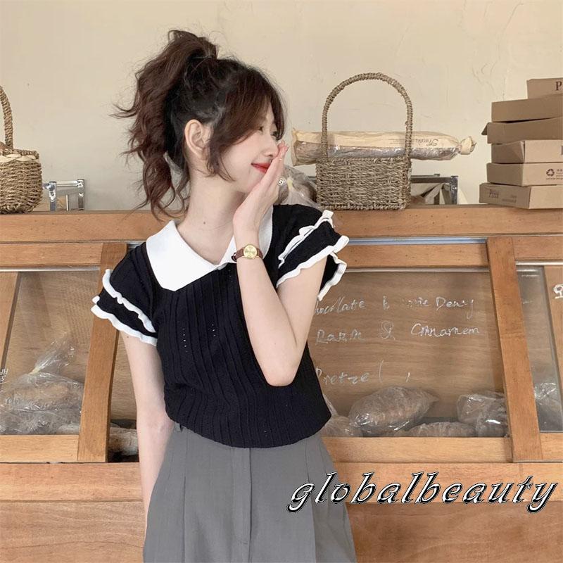 Áo Thun Dệt Kim Tay Ngắn Cổ Búp Bê Màu Sắc Tương Phản Thời Trang Dành Cho Nữ