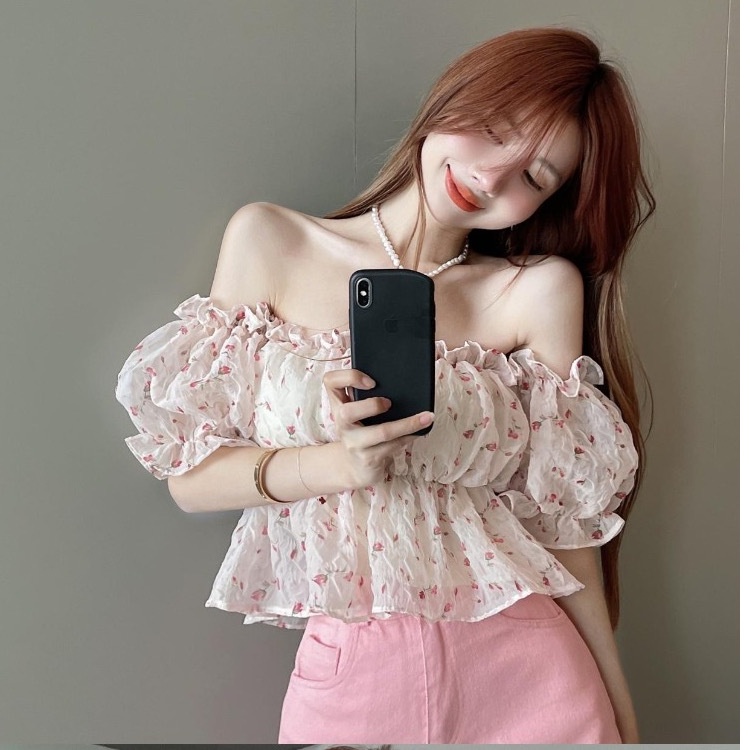 Nzn Áo Sơ Mi Voan Crop top Trễ Vai Xẻ Tà In Họa Tiết Hoa Hàn Quốc Cho Nữ