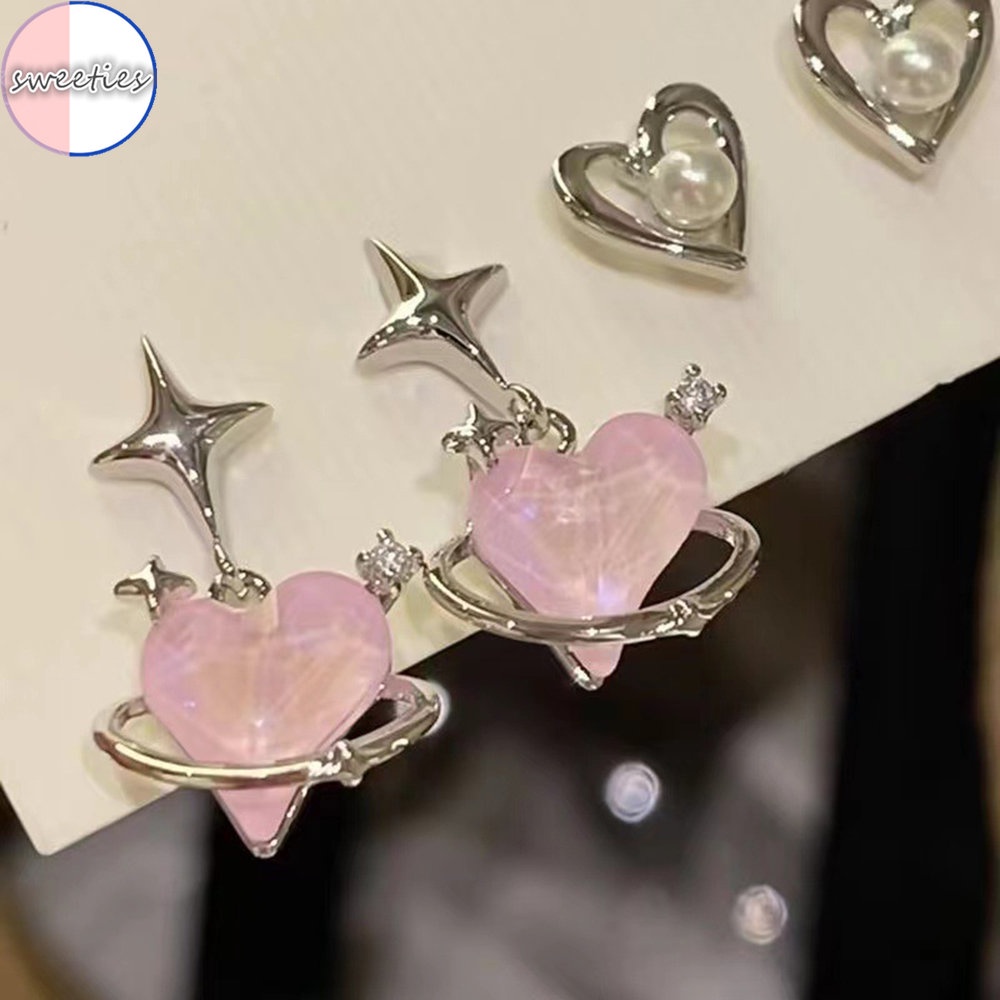 Set 3 Đôi Bông Tai Mạ Bạc 925 Hình Ngôi Sao / Trái Tim Thời Trang Cho Nữ