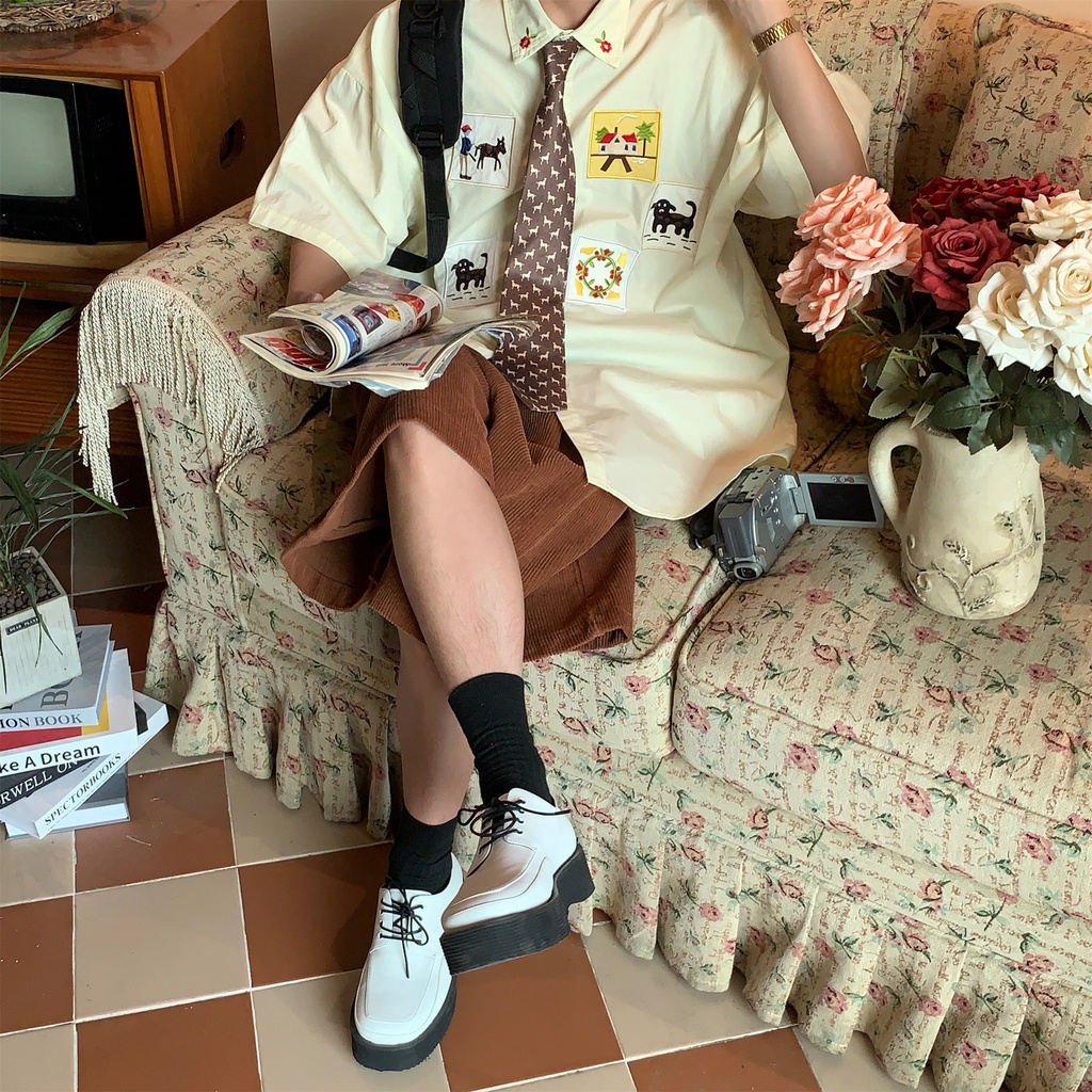 Áo Sơ Mi Tay Ngắn C2 Thêu Họa Tiết Phong Cách Đường Phố Cổ Điển Thời Trang Mùa Hè Cho Cặp Đôi